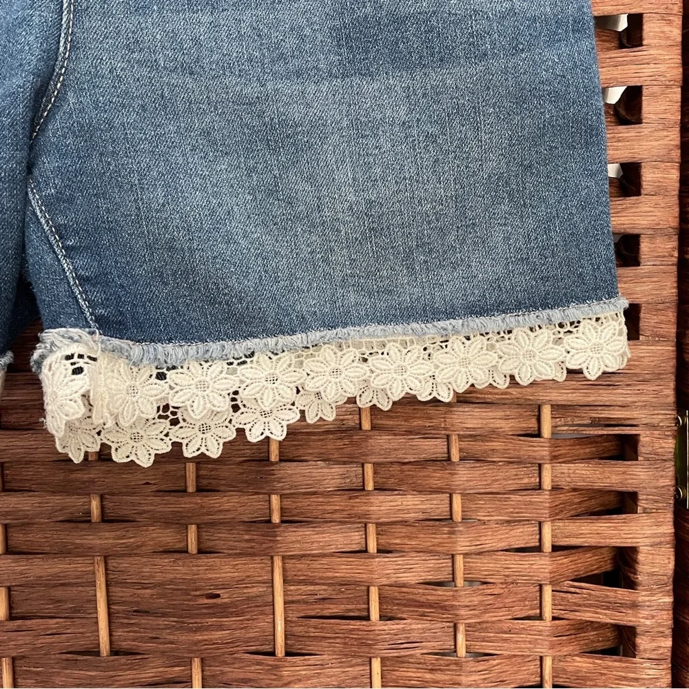 The Children's Place Denim Short Overalls with Lace Trim, Size 12.